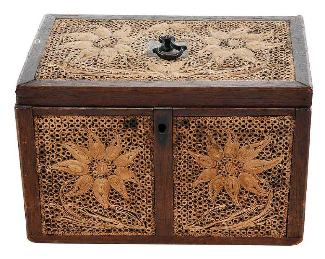 George III Paper Scroll Tea Caddy: British, late 18th/early 19th century, mahogany rectangular form with scrolled paper floral panels, 4-1/4 x 6-1/2 in. , Provenance: Pook & Pook, Pennsylvania, September 28, 2011, Lot 130, (attached la