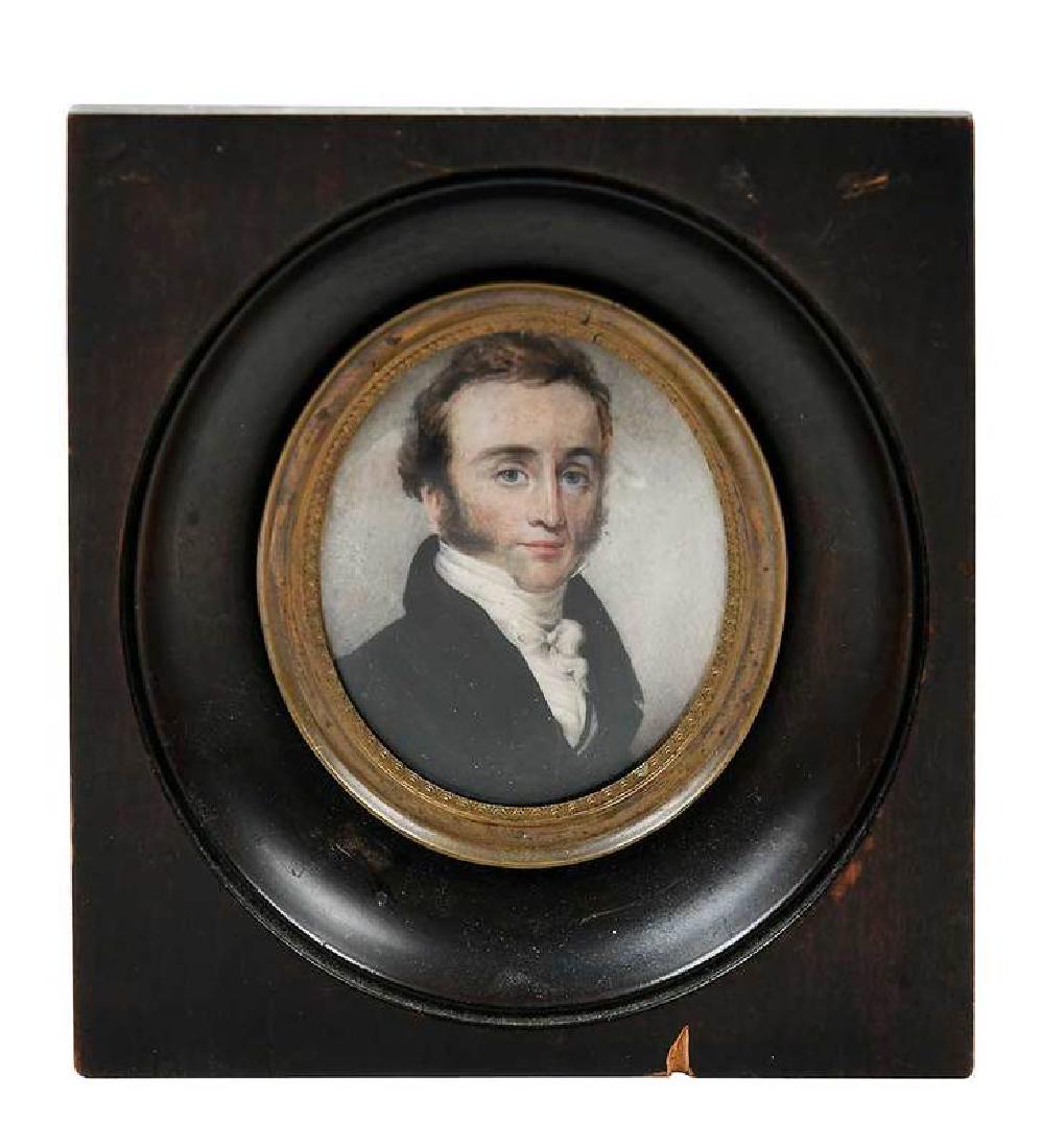 British School Portrait Miniature: (early 19th century) Young Gentleman in White Cravat, possibly signed and inscribed verso backing faintly "James Edgar..(?) Easton 1802", watercolor on ivory, 2-1/4 x 1-3/4 in.; wood frame, 4-3/8 x 4