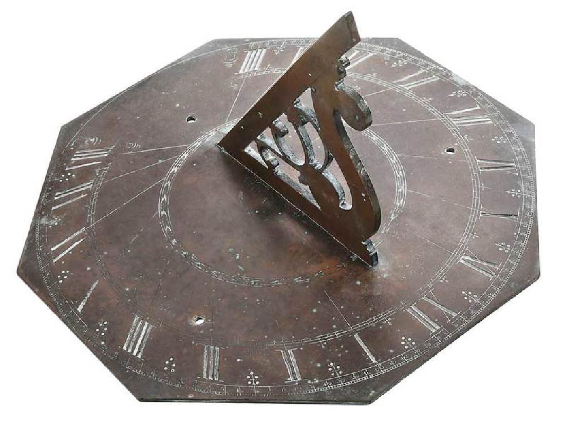Signed English Brass Octagonal Sun Dial: British, circa 1765, faintly signed "Edm. Culpeper London Fecit", 8 x 13 in. , Provenance: Pook & Pook, 2003, lot 47; Property from an Important South Carolina Estate