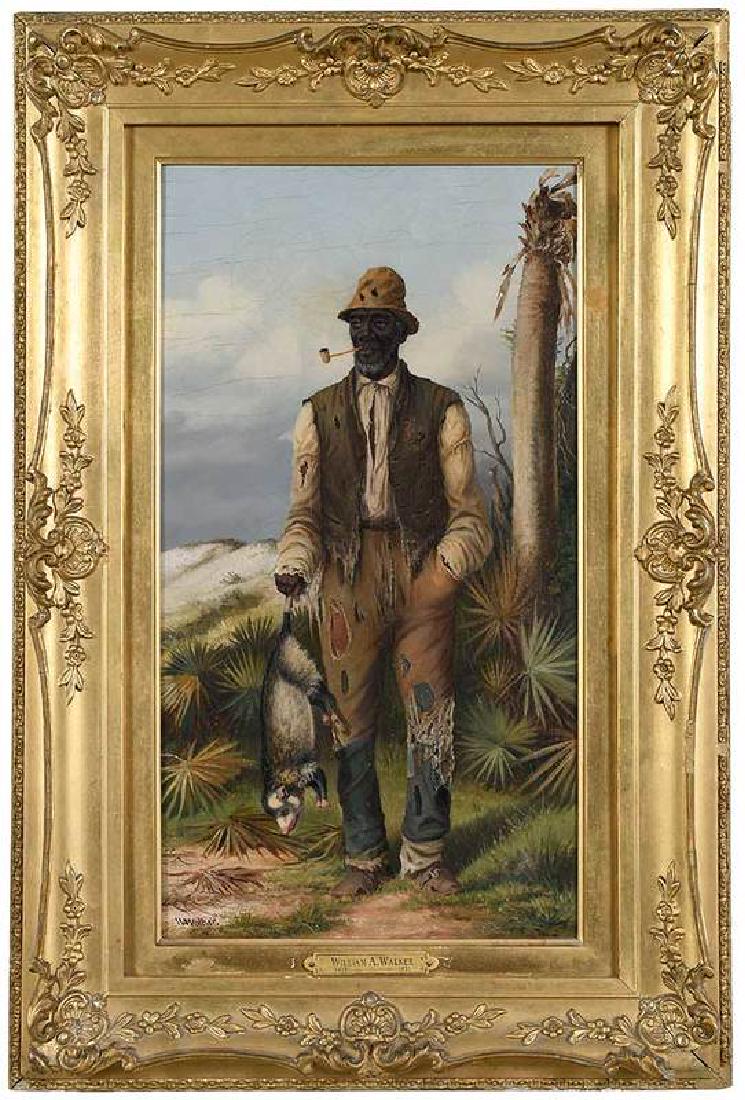 William Aiken Walker: (South Carolina, 1839-1921) Man Holding Possum, signed lower left "WA Walker", oil on canvas, 18-1/4 x 10-1/4 in.; period gilt wood and composition frame 24-1/2 x 16-1/4 in. , Provenance: An Important