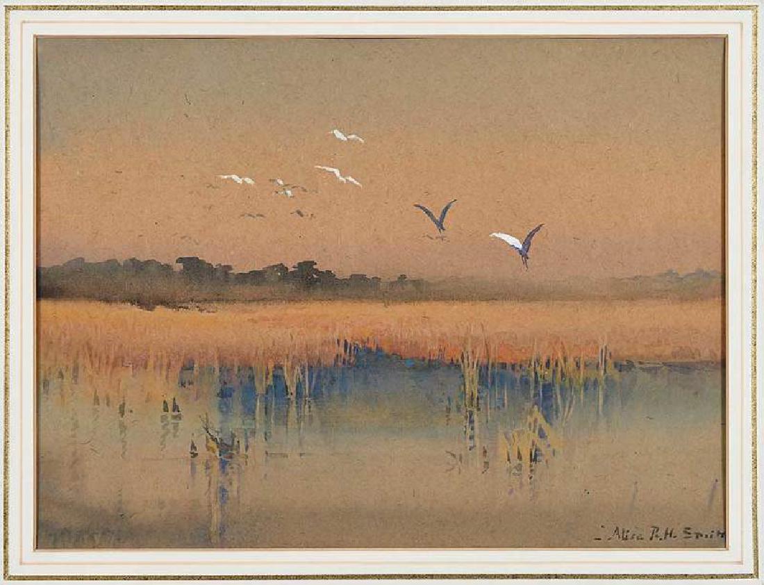 Alice Ravenel Huger Smith: (South Carolina, 1876-1958) Birds Over a Marsh, signed lower right, "Alice R.H. Smith", watercolor on paper, 9 x 12 in.; modern wooden frame, 18-1/2 x 20-1/2 in. , Provenance: From the family and then