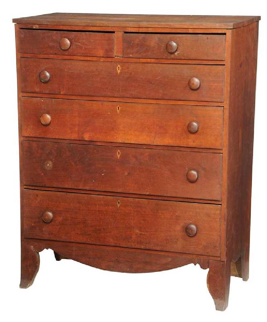 Southern Federal Six Drawer Walnut Chest: 19th century, scratch beaded dovetailed drawers, yellow pine and other mixed secondary woods, inlaid kite escutcheons, unusual tall bracket feet, 48 x 39 x 18-1/2 in. , Provenance: Private Collection,