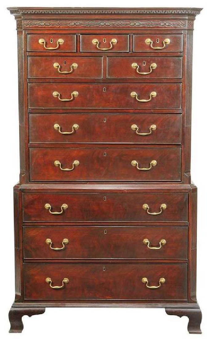 Charleston Chippendale Mahogany Chest on Chest: 18th century in part, fine blind fretwork pediment, stop fluted chamfered corners, ogee bracket feet, cypress and white pine secondary, 75 x 43 x 24 in. Note: Lot is accompanied by Humphrey's Tho