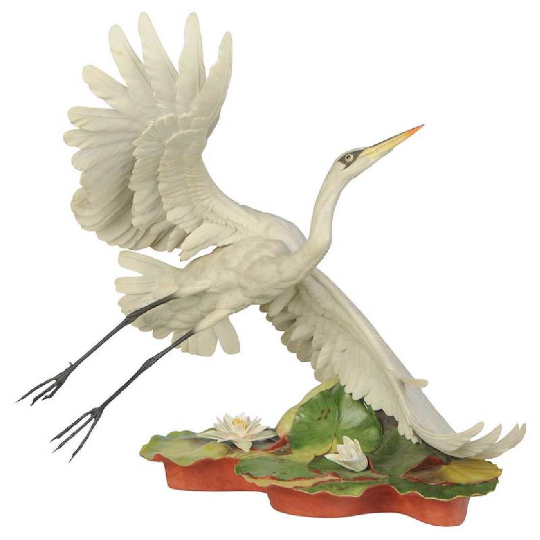Large Scale Boehm Studios Great White Egret: American, late 20th century, Edward Marshall Boehm Studios, limited edition porcelain sculpture, Boehm mark on base, number 28, 21 x 25 in. , Provenance: Willard R. Sparks Estate, Memphis, Tennessee