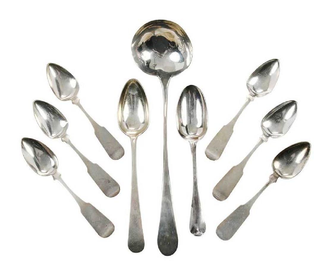 Nine Pieces Virginia Coin Silver Flatware: mid 19th century, including one punch ladle with marks for William and George Richardson (Richmond, Virginia, working 1782-1800); one serving spoon with marks for John Le Tellier (Richmond, Virginia,