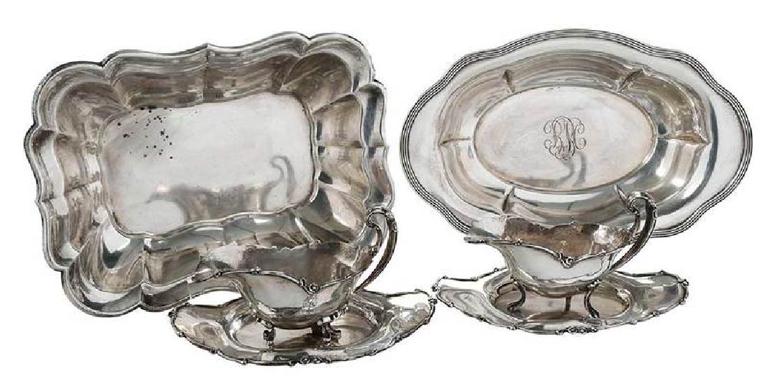Six Miscellaneous Pieces of Silver: American, 20th century, including pair of sauce boats with under plates, marks for Unger Brothers; Wallace oval bowl with reeded border; square shaped bowl, marks for Reed & Barton, 38.92 oz