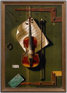 Chromolithograph after Harnett,: [trompe l'oeil] titled "The Old Violin", published by The Donaldson Art Sign Co., after William Michael Harnett, New York, 1848-1892, auction tag verso "#9565 May 2007…36259…23 [over] 40533", 34-3