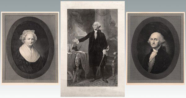 Three engravings after Gilbert Stuart: pair of George and Martha Washington within an oval, engraved by H. B. Halls Sons, New York, circa 1850, page 16-7/8 x 13-1/2 in., [toning, foxing, laid down on mat board, abrasions, some staining]; "