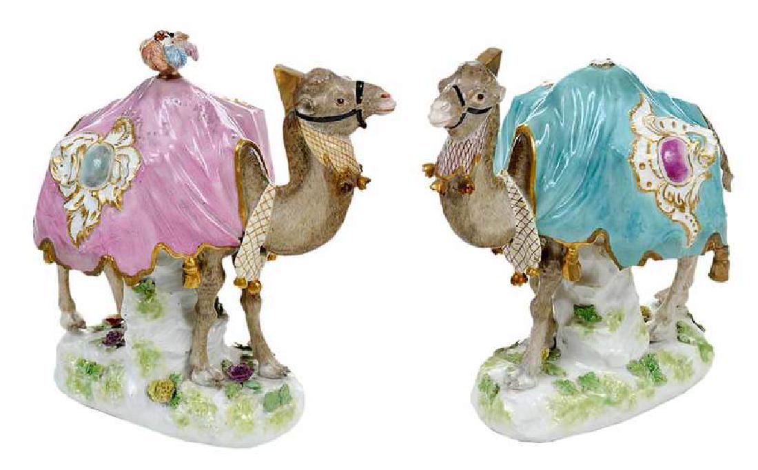 Pair Porcelain Camels: German, modeled circa 1750 by Johann Joachim Kaendler, manufactured late 19th century, polychrome and gilt hard paste porcelain, faint crossed sword mark of Meissen on one, 7-3/8 in., Provenance: Priv