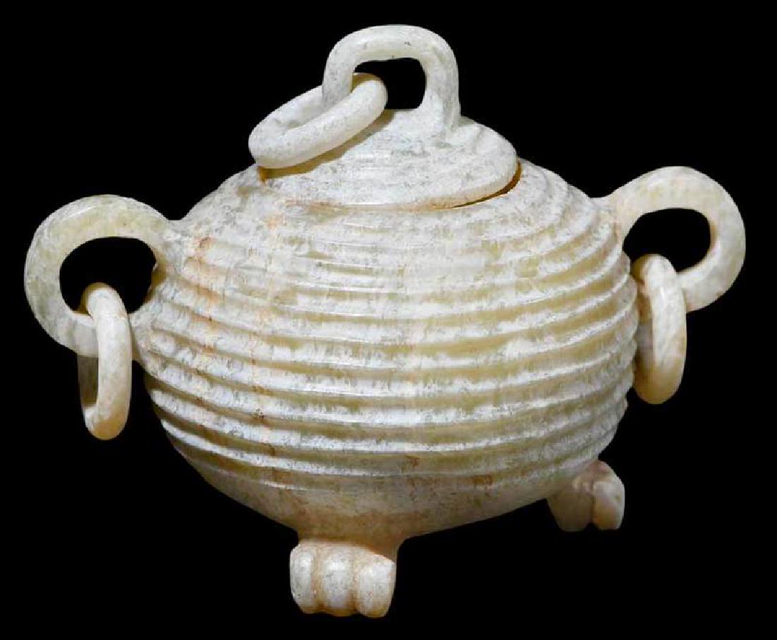 Hardstone Jar with Three Feet: Chinese, ribbed jar with lid and rings, paw feet, 1-1/2 x 2 in., Provenance: Private Collection of Siao Huy Wu, Raleigh, North Carolina