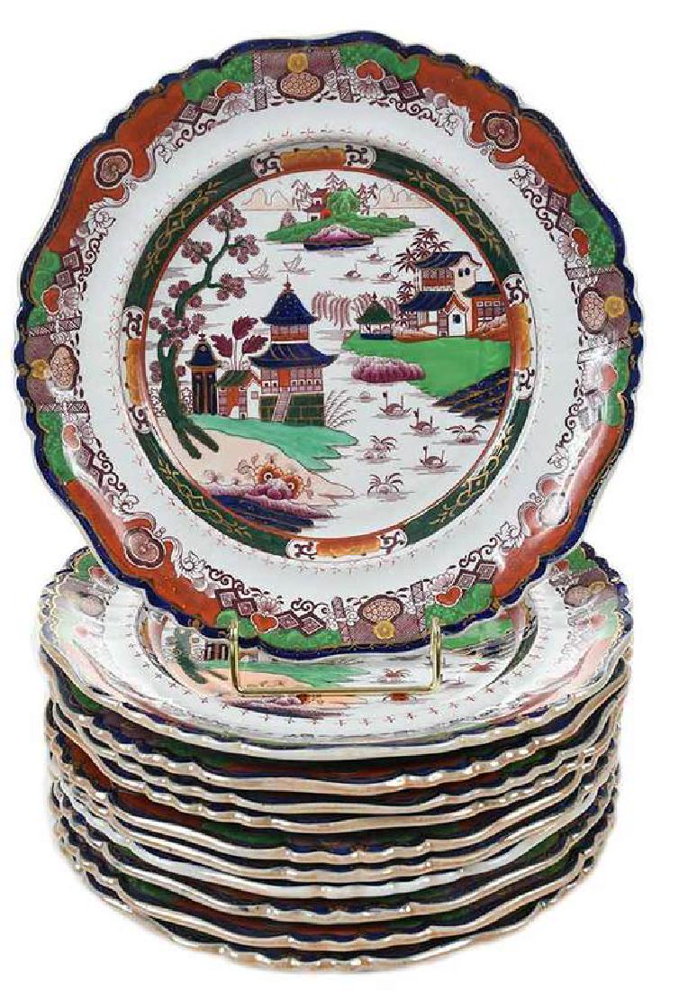 18 Real Ironstone Dinner Plates: British, 19th century, chinoiserie scenes, stamped verso "Real Iron Stone China" with crown mark, 10-1/4 in., Provenance: Collection of Wilfred and Eleanor Funk, Montclair, New Jersey; By descent in f