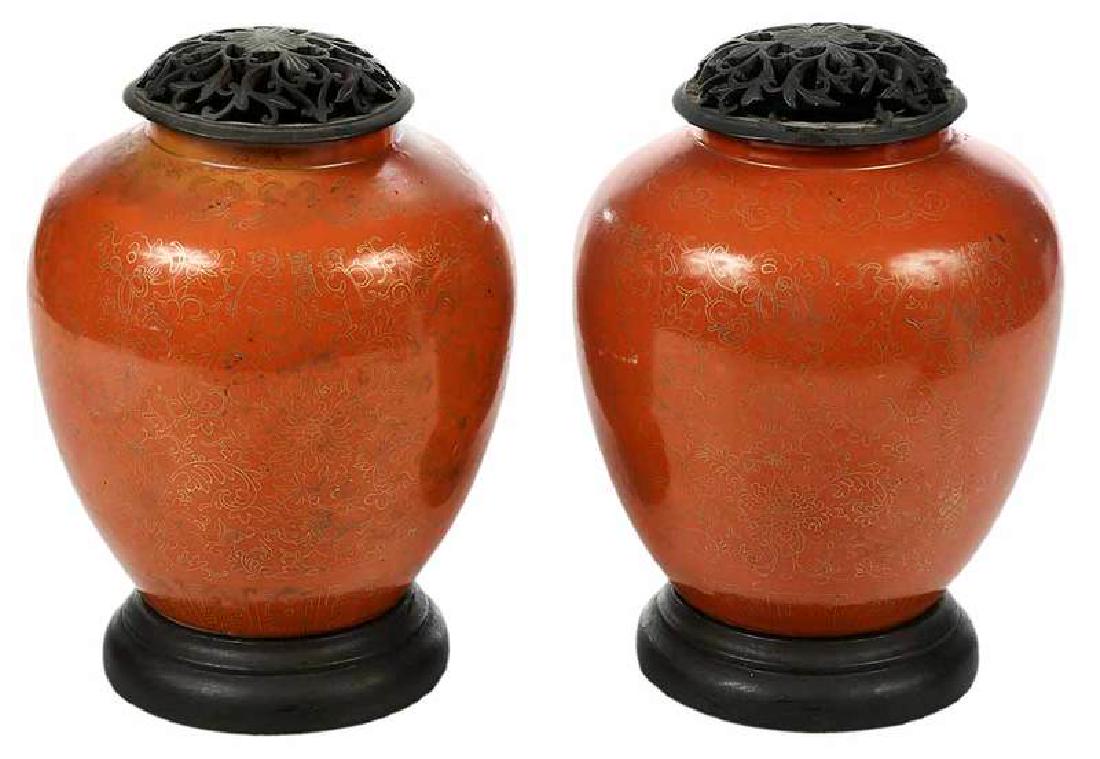 Pair Chinese Orange Gilt Ginger Jars: Qing dynasty, pair underglaze iron red with gilt, reign mark, wood stands and lids, Provenance: Private Collection of Siao Huy Wu, Raleigh, North Carolina