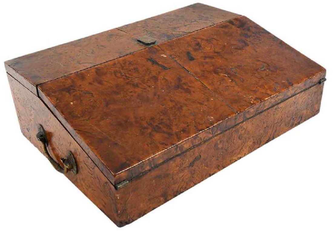Burl Lap Desk: probably American, 19th century, slant top and drop down front open to fully fitted interior, with two associated ink bottles, brass handles on sides, 4-1/2 x 14 x 10 in.