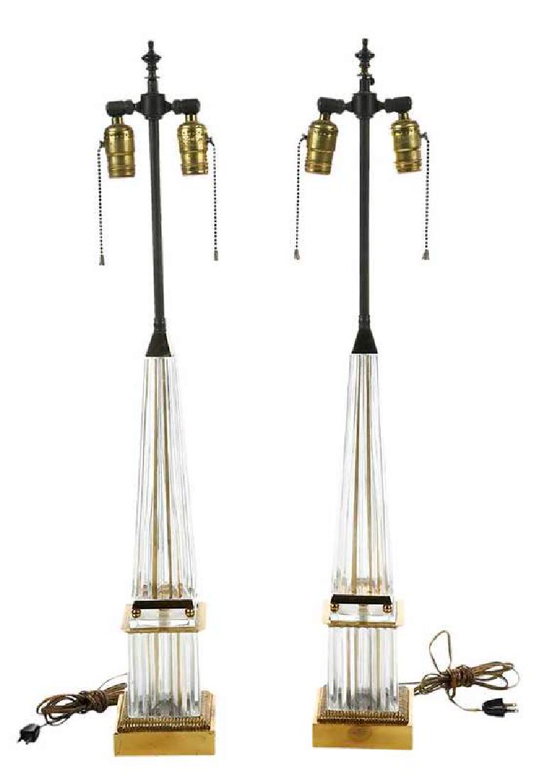 Pair Neoclassical Cut Prism Obelisk Table Lamps: late 20th century, each brass and cut glass, dual socket, extension base, 31 in. to 34 in., Provenance: Private Collection, Pinehurst, North Carolina