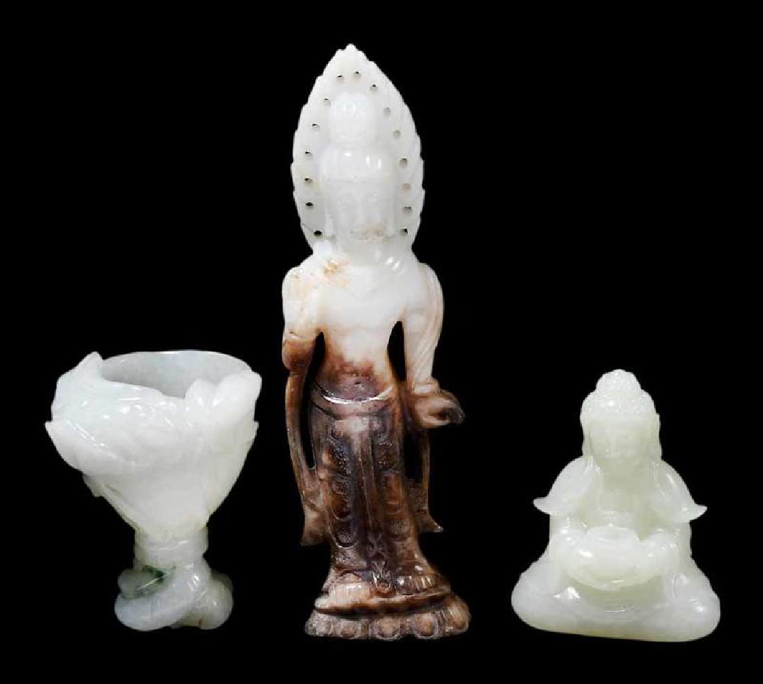 Three Pieces Chinese Hardstone: celadon chalice, 2 in.; celadon Buddha, 2 in.; russet standing figure, 4-1/4 in.
