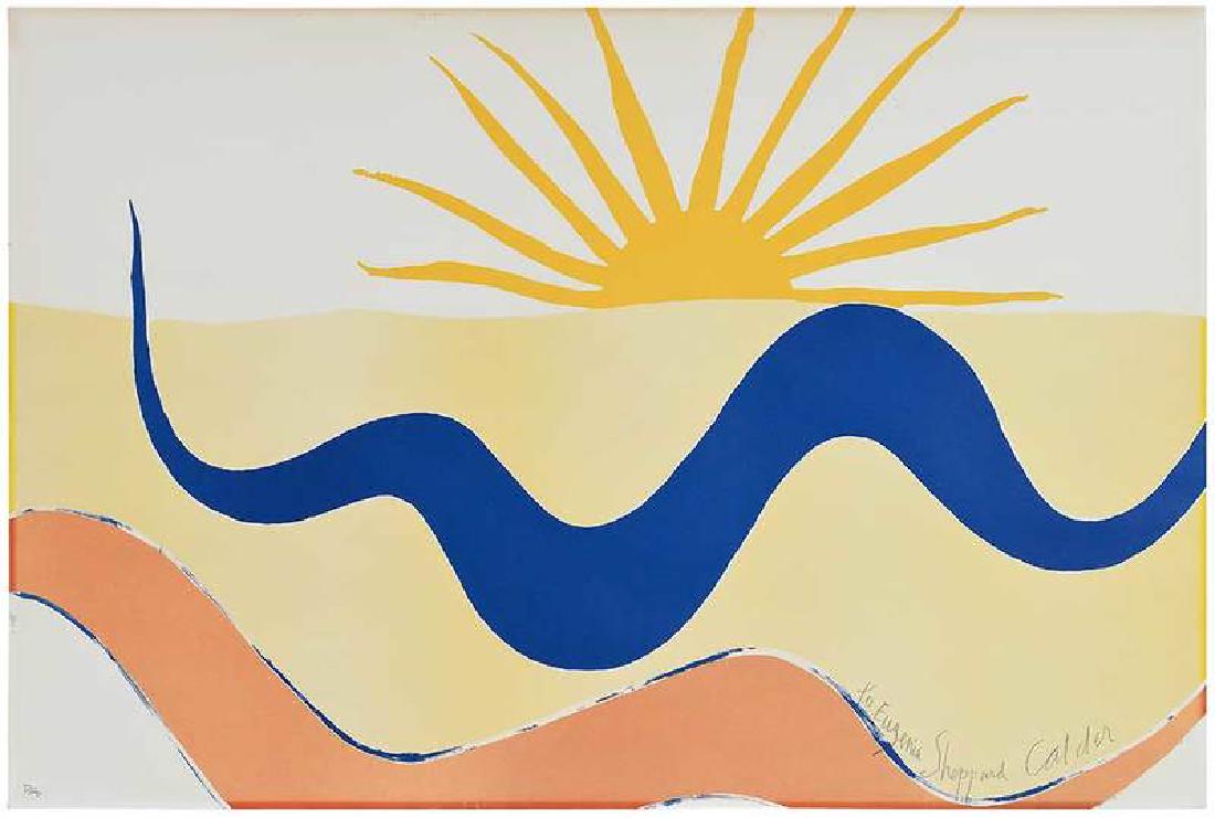 Alexander Calder: (New York, 1898-1976)Taking Off for the Sun-With Flying Colors, 1976, artist's proof, inscribed and signed lower right "To Eugenia Sheppard Calder", image commissioned by Braniff International Airways