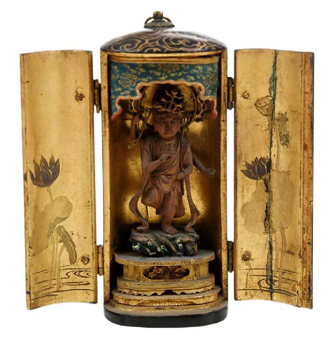 Traveling Buddhist Shrine: Japanese, 19th century, standing Bodhisattva, gilt detailed panel interior, 3-1/2 in., Provenance: Estate of Mary Ann Bresee, Orange Park, Florida