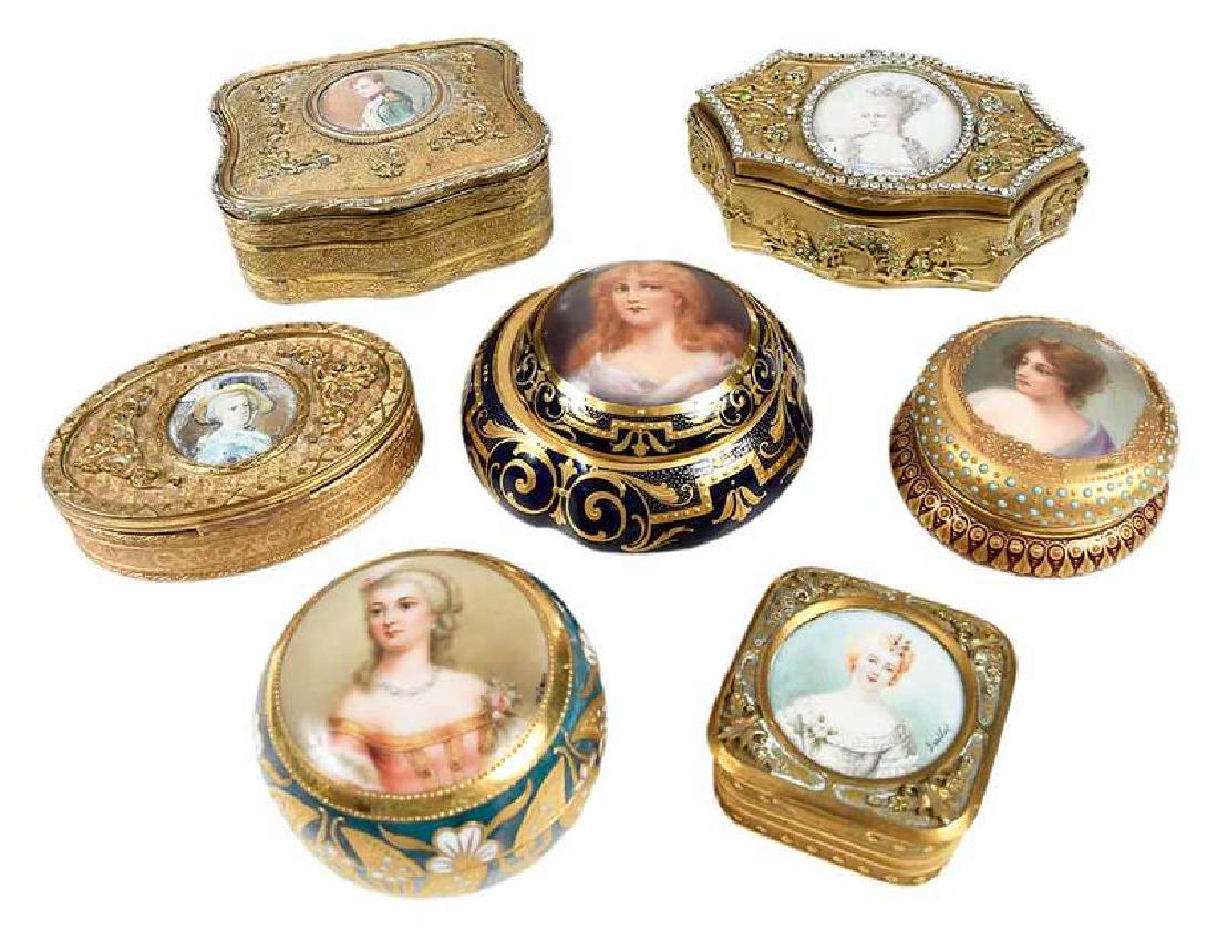 Seven Gilt Jeweled Ring and Pill Boxes: France, 19th century, jeweled gilt boxes, some with hand painted portraits, some with felt lining, marks include Dresden/Germany, 5 in., Provenance: Collection of Wilfred and Eleanor Funk, Montclair, 