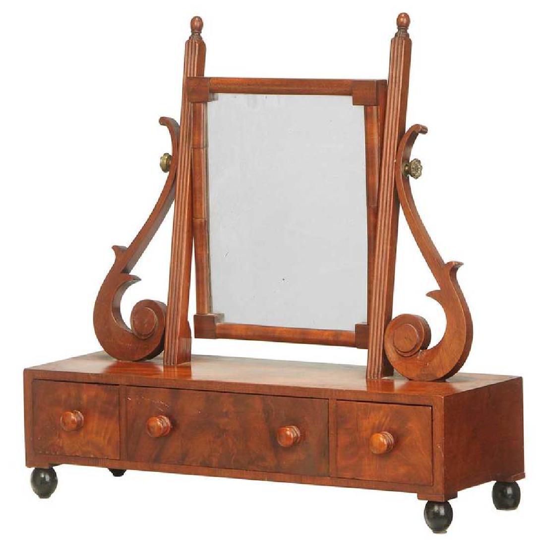 Massachusetts Federal Mahogany Dressing Mirror: Boston area, early 19th century, carved, possibly original mirror plate, finely dovetailed drawers, mahogany secondary, 21 x 21 x 8 in., Provenance: Collection of Stephanie Edgar and William B. Reeves