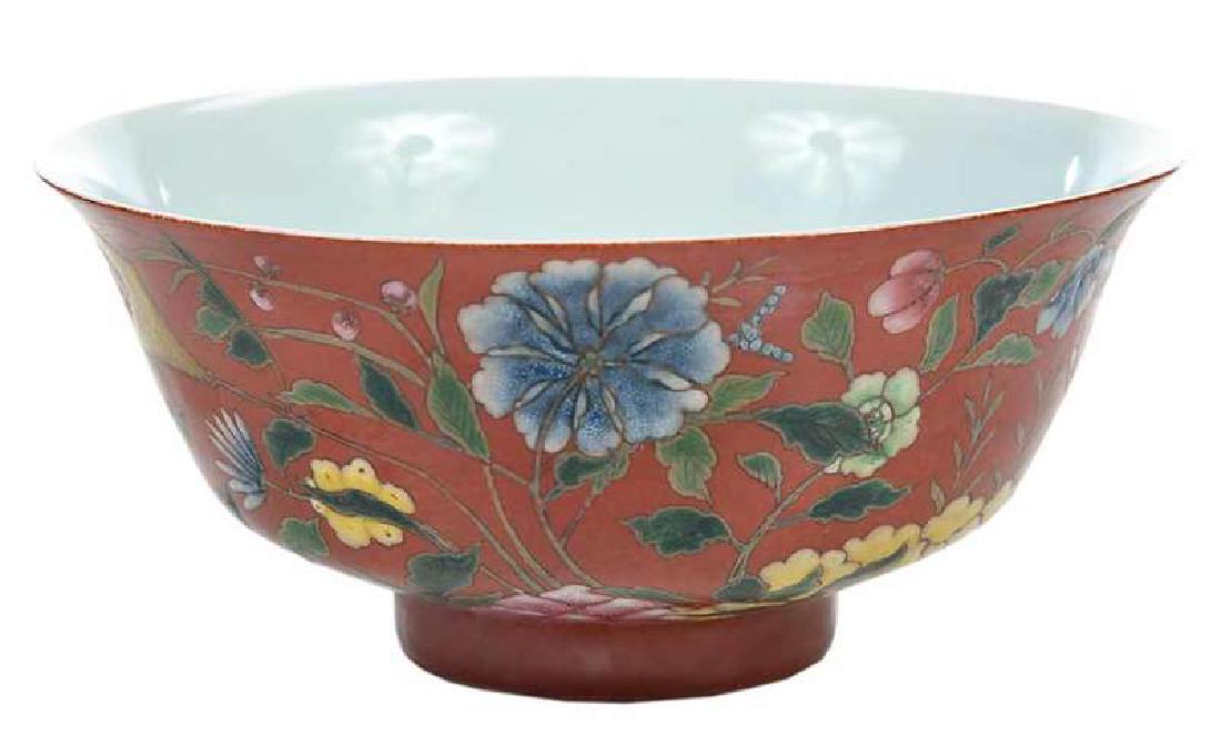 Chinese Footed Bowl: 20th century, rust colored with floral design, 6 in. Note: Purchased at Chung King Museum, Chung King, Szechuan province., Provenance: Private Collection of Siao Huy Wu, Raleigh, North Carolina
