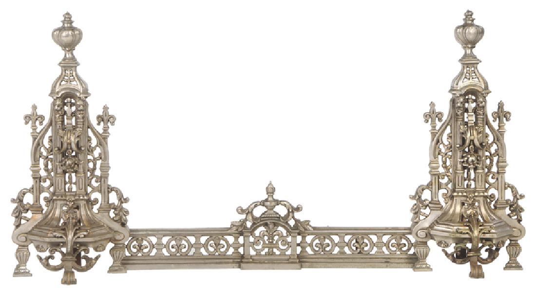 French Gothic Style Andirons and Fender: 20th century, andirons, 24 in. height; fender, 28 in. length