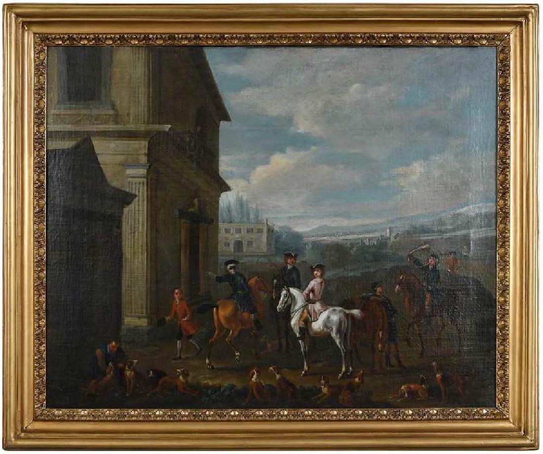 British School: (18th century)A Hunting Party on a Vast Estate, unsigned oil on canvas, 28 x 36 in.; 18th century or style frame, 34-1/2 x 41-1/4 in., Provenance: Collection of Wilfred and Eleanor Funk, Montclair, Ne