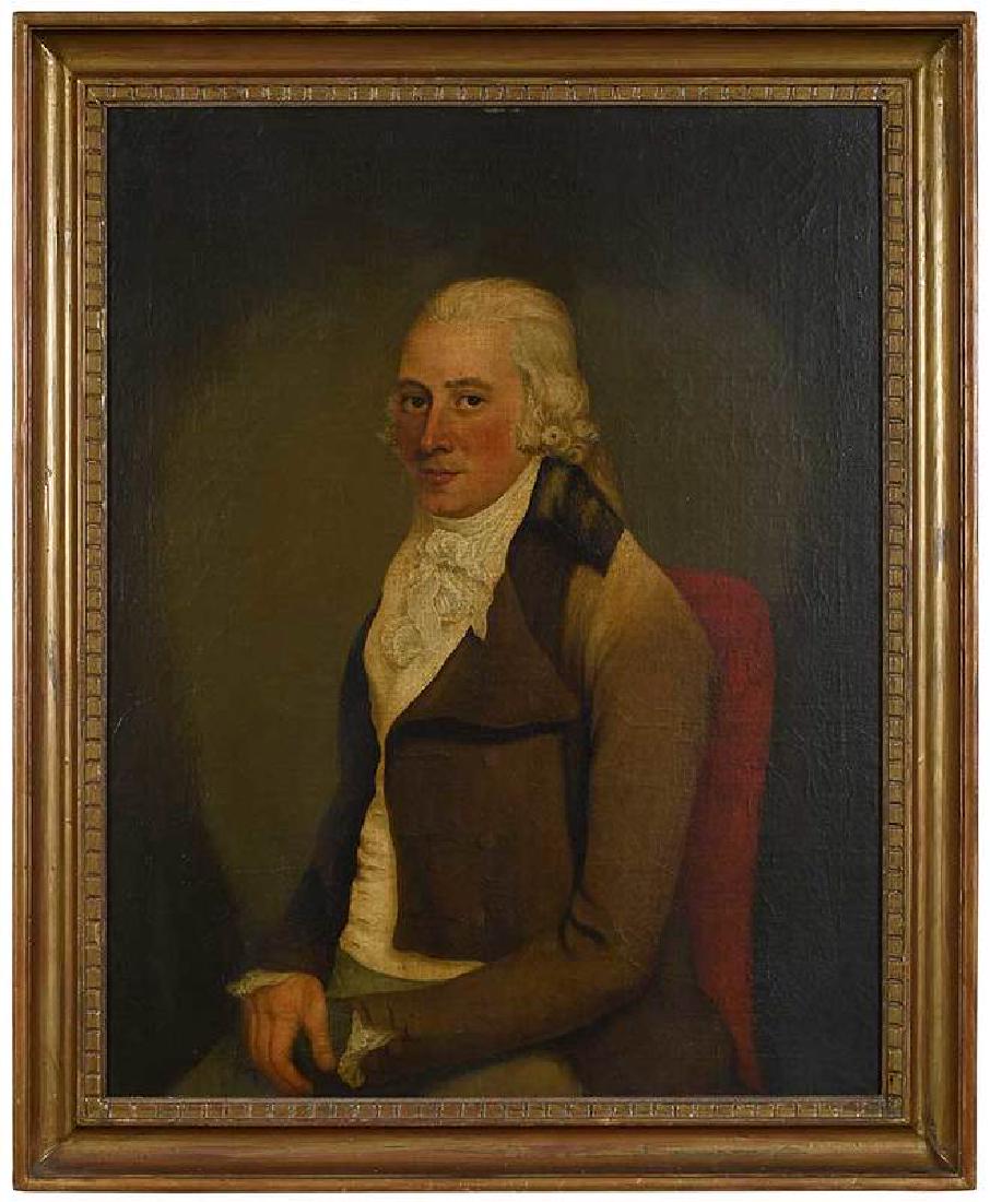 British School: (18th century)Seated Gentleman in Red Chair, unsigned, oil on canvas, 34-3/4 x 27-3/8 in.; chestnut wood frame, 39-1/4 x 32 in., Provenance: Collection of Wilfred and Eleanor Funk, Montclair, New Jers