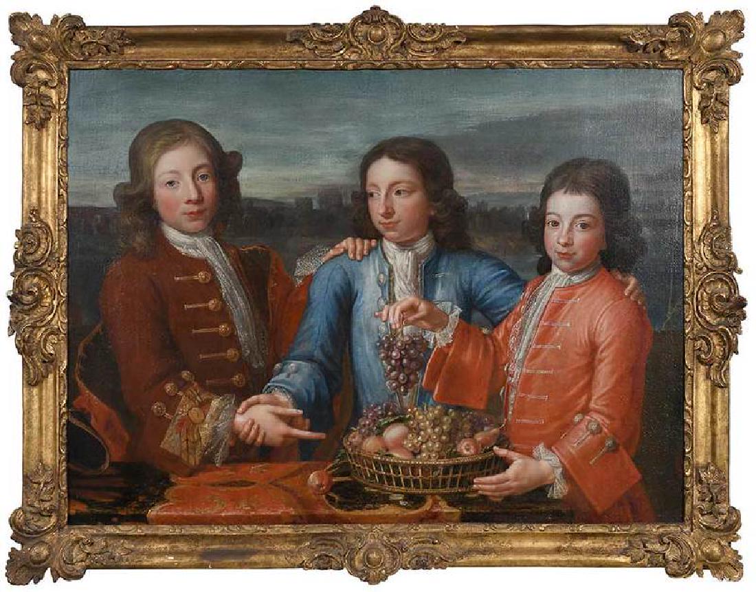 British School: (18th century) Portrait of Three Boys with a Basket of Fruit, ship's mast at right and view of a large city on a river, possibly the Thames, circa 1735-40, unsigned, oil on canvas, 38-1/2 x 52 in.; 18