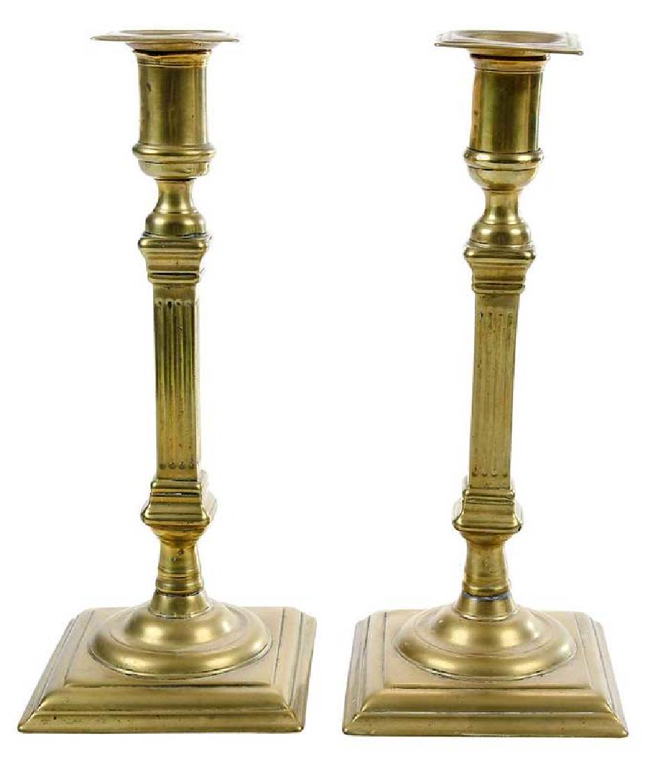 Pair of George II Brass Candlesticks: British, 18th century, square bases, square fluted columns, square bobeches, 10-7/8 in., Provenance: Mark and Marjorie Allen Antiques, New Hampshire; Property from an Important South Carolina Estate