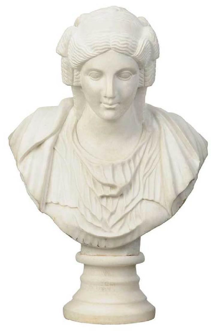 Italian School: (19th/20th century) Classical Bust, possibly after a Roman interpretation of a Greek statue, white marble with socle, 33 in., Provenance: Collection of Stephanie Edgar and William B. Reeves, Atlanta,