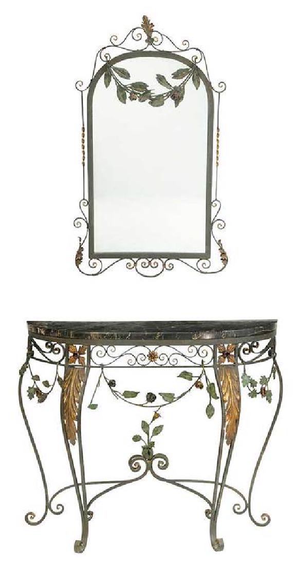 Italian Rococo Style Marble Top Console, Mirror: 20th century, finely veined nero Portoro top, scrolled parcel gilt iron frame, paint decorated floral garlands, 32-1/4 x 37 x 14 in.; matching mirror, 38-1/2 x 22-1/2 in., Provenance: A Priv