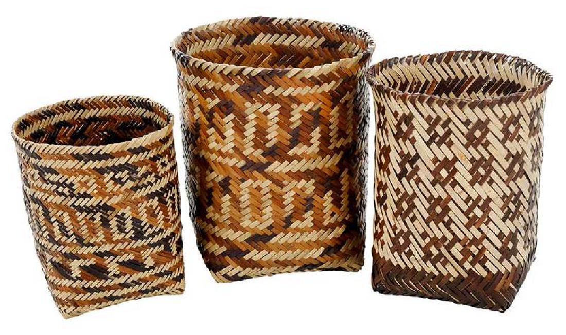 Three Cherokee Double Weave Miniature Baskets: Qualla Boundary, North Carolina, all three river cane with colors for walnut, two attributed to Ramona Lossie; one attributed to Geraldine Walkingstick, all with cards from Medicine Man Indian Crafts,