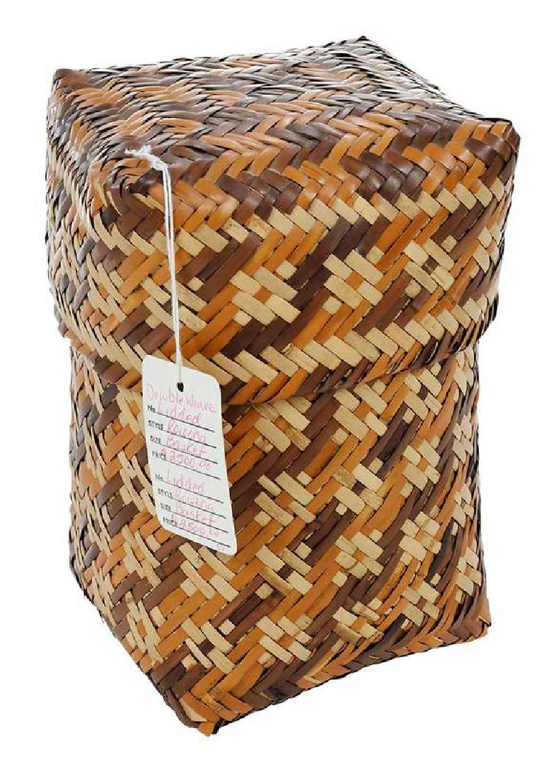 Rowena Bradley Cherokee Lidded Basket: Qualla Boundary, North Carolina, double weave river cane with colors for walnut and bloodroot, accompanied with facsimile of receipt from Bigmeat House of Pottery, Cherokee, North Carolina, attributin