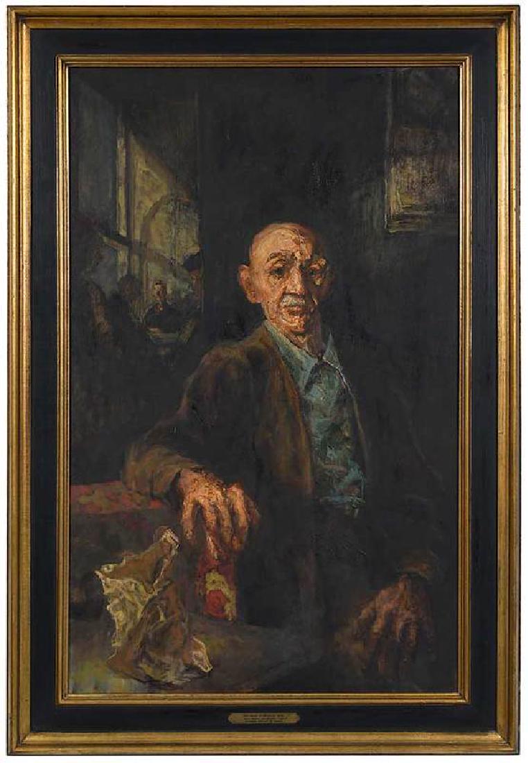 John William Reilly: (Pennsylvania, 20th century)Portrait of an Older Man in a Cafe, signed bottom middle "John William Reilly" faintly, oil on canvas, 48 x 30 in.; original parcel gilt wood frame, 56-3/8 x 38-1/2 in.Note
