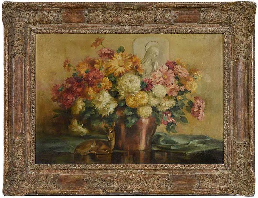 Joseph Henry Sharp: (American, 1859-1953) Still Life with Chrysanthemums, signed lower right "J.H. Sharp", oil on canvas, 22 x 30-1/4 in.; period carved gilt wood frame, 30-3/4 x 39-3/4 in., Provenance: Private Collectio