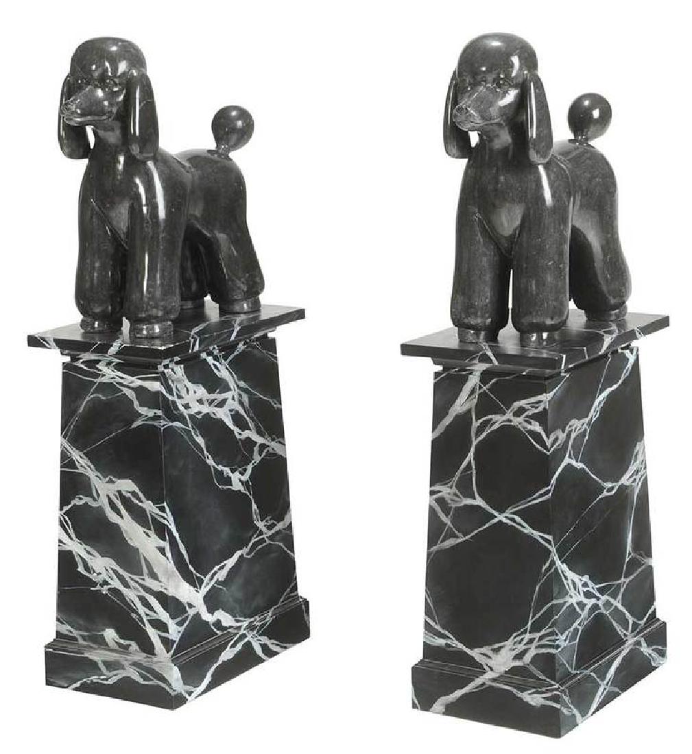 Pair Carved Marble Poodles on Marbleized Plinths: modern, "MANCINI" carved at foot (probably G. Mancini, French, 1933-2015), 24 in.; each set on a marbleized wooden plinth, 30 x 20-1/2 x 14 in., Provenance: Collection of Stephanie Edgar and William B