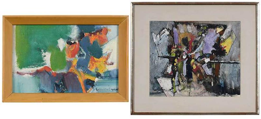 Warren Brandt: (New York/Maryland/North Carolina, 1918-2002)Two abstracts: The Trolley, mixed media on paper, 13-3/8 x 16-1/8 in.; Untitled, oil on canvas, 8-1/8 x 12-1/8 in., both signed "Warren Brandt"; frame