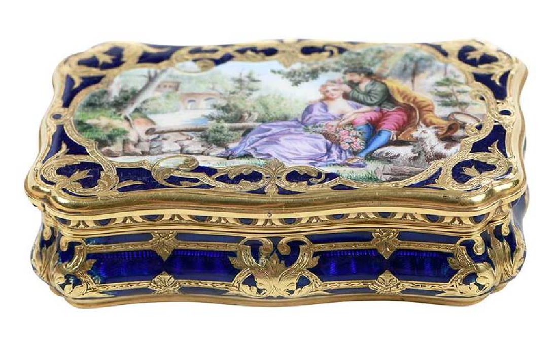 French 14kt. Gold and Enamel Box: French, late 19th century, cartouche shape, lid with courting landscape scene, blue enamel background with scroll and foliate decoration, test 14kt. gold, 167.6 grams gross weight, 1 x 3-3/8 x 2-