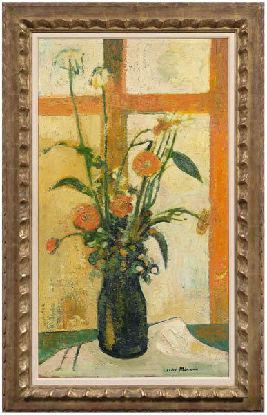 Andre Minaux painting: (French, 1923-1986), still life, vase of flowers in front of window, signed lower right "Andre Minaux", oil on Masonite, stamps verso strainer "William Findlay Gallery #1374", 40-1/2 x 23-1/2 in.; ori