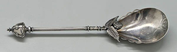 George Sharp sterling berry spoon,: aesthetic movement, fluted bead handle, berry decoration, design by Augustus Conradt, marks for George B. Sharp, Philadelphia, Pennsylvania, mid to late 19th century, no monogram, 10-1/4 in. Good cond