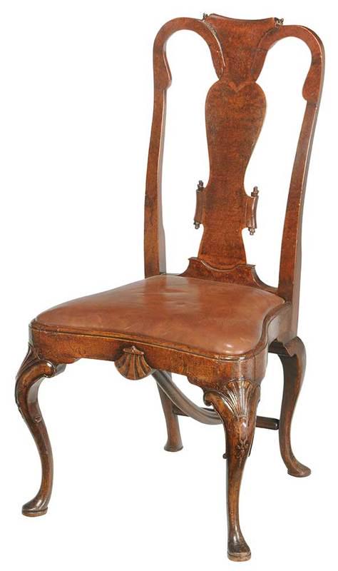 Queen Anne Style Burlwood Side Chair: British, late 19th/early 20th century, burlwood veneer frame with shell carved skirt and knees, leather upholstered slipseat, 41 in. Provenance: Private Collection, Middleburg, Virginia