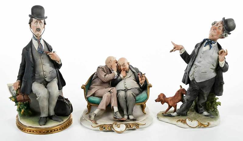 Three Capodimonte G. Capp‚ Porcelain Figurines: Italian, 20th century, capodimonte sculptures, matte glaze, each impressed "G.Capp‚" verso,ÿcomprising: "The Joke", gilt signed "Works of Art/G.Capp‚/Italy 99054" with impressed "[fish in circle]