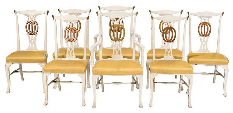 Set of Eight Neoclassical Style Dining Chairs: 20th century, two arm and six side, each with white painted and gilt frame, silk upholstery, 42 in.