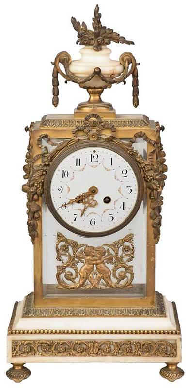 Louis XIV Style Ormolu and Marble Clock: French, clock mounted on glass and marble base with ormolu embellishments in the form of foliage and cherubs, key and pendulum separate, 19-1/2 in.