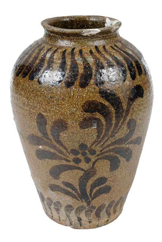 Korean Decorated Stoneware Vase: ovoid shape, alkaline glaze on stoneware, iron oxide brushwork, floral decoration, 9-3/4 in.