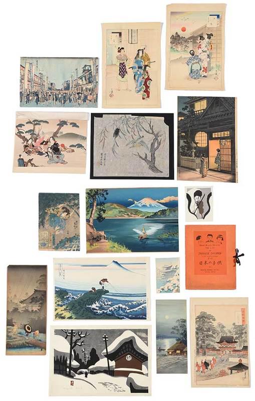21 Japanese Woodblock Prints, Utagawa Kuniyoshi: 19th/20th century, 21 woodblock prints depicting landscapes, illustrated story scenes, and scenes of daily life by artists including Utagawa Kuniyoshi, Takumi Shingawa, Kiyoshi Saito, Iwasa Matabei, T