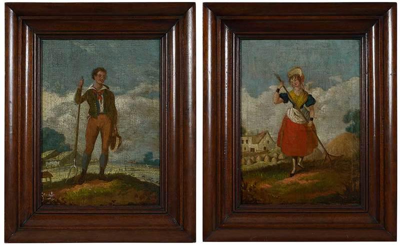 Pair of Continental School Paintings: (19th century)Harvest Scenes, a Man and a Woman, unsigned, oil on canvas, 14-1/4 x 10-3/4 in.; wooden frames 19-3/16 x 15-3/8 in.ÿÿ Provenance: Collection of Hollister Houghton, Aiken, South Carolin