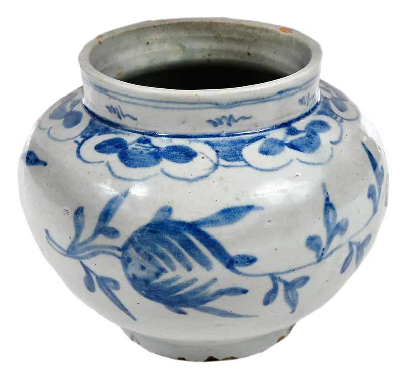 Korean Blue and White Vase: Possibly Joseon dynasty, ovoid body, decorations of pomegranate sprays in underglaze blue, collar of ruyi motifs along neck, 6ÿin.