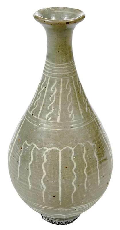 Celadon Buncheong Ware Vase: Korean, pear shaped vase, flared neck, white curvilinear inlay decorations, covered in light green glaze, 9-1/2 in.
