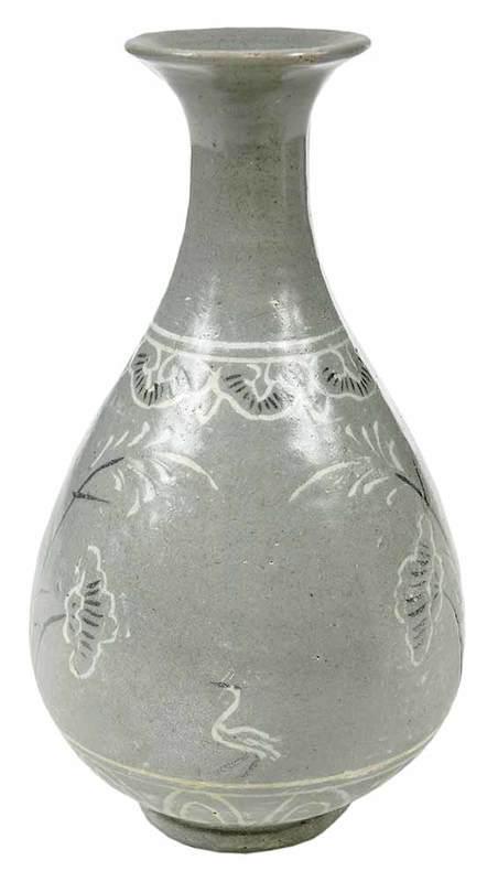 Celadon Buncheong Ware Vase: Korean, possibly Joseon dynasty, pear shaped vase, flared neck, inlay decoration of floral sprays, birds, ruyi motif along neck, 11 in.